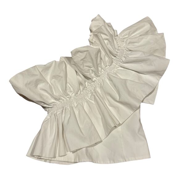 Zara Ruffle One Shoulder Poplin Asymmetric Top Smocked Back in white size small - Picture 3 of 12